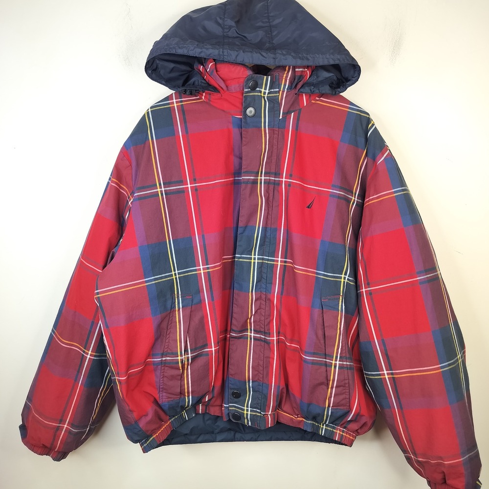 Nautica Vintage Plaid Down Puffer Jacket Reversible to Navy XL Mens Hooded 90s